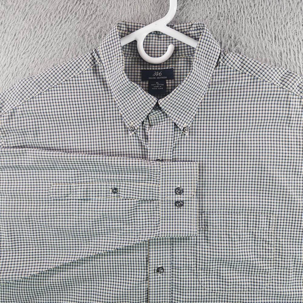Brooks Brothers 346 Mens XL Shirt Blue Yellow Micro Check Cotton Button Down
